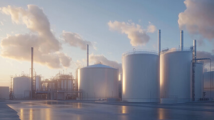 Obraz premium Advanced carbon capture technology deployed at a factory, capturing emissions and storing them in specialized tanks
