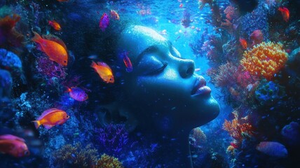 Fototapeta premium A serene underwater scene featuring a person submerged among colorful fish and vibrant coral, creating a dreamlike, tranquil atmosphere.