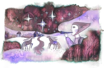 The illustration is hand drawn with disintegrating ink, ink, pen and brush. The theme is winter and winter holidays. An angel is playing the pipe, horses are grazing, and the starry sky is above.