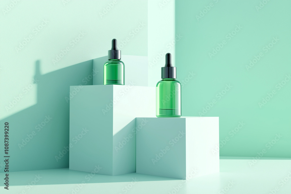 Poster row of green bottles with a silver cap on a white background. the bottles are arranged in a row, wit