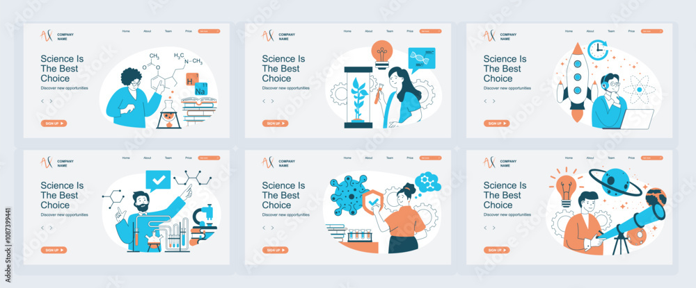 Poster Science lab concept of landing page with slide templates set in flat design. Website headers with people make chemical research in flask, work at astronomy engineering programs. Vector illustrations.