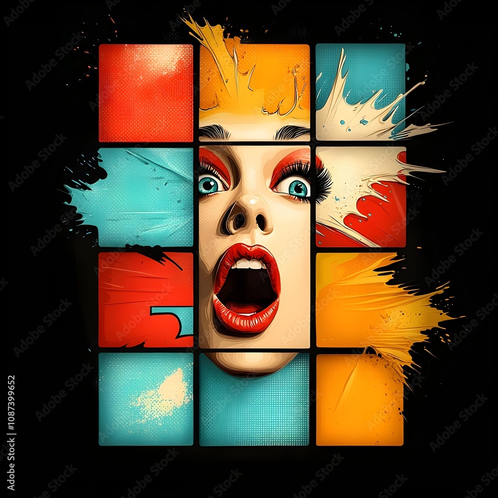Poster vibrant retro pop art portrait with a range of exaggerated emotive caricatured facial expressions re