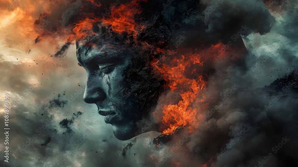 Aufkleber surreal representation of a fiery face emerging from dark clouds amidst chaotic elements, symbolizin