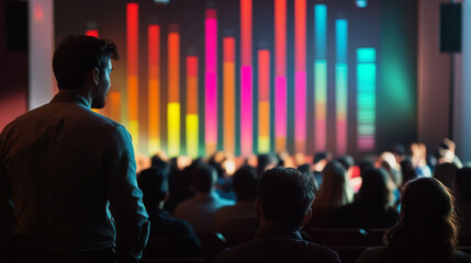 Interactive audience polls during a live stream, with colorful bar graphs updating in real time based on viewer input
