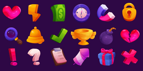 Game elements. Mobile casino UI. GUI kit. Gold coins chest. Crown or medal. Trophy goblet. Lock key. Love heart. Question or exclamation marks. Money prize interface pack. Vector design set