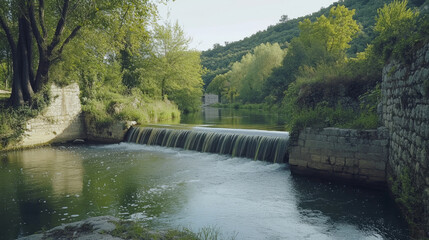 Small-scale hydroelectric system on a serene river, with a turbine generating clean energy for nearby homes
