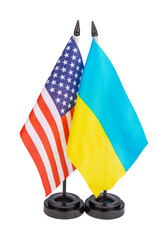 Flag of Ukraine and USA Isolated on white background. Table stand flagpole.