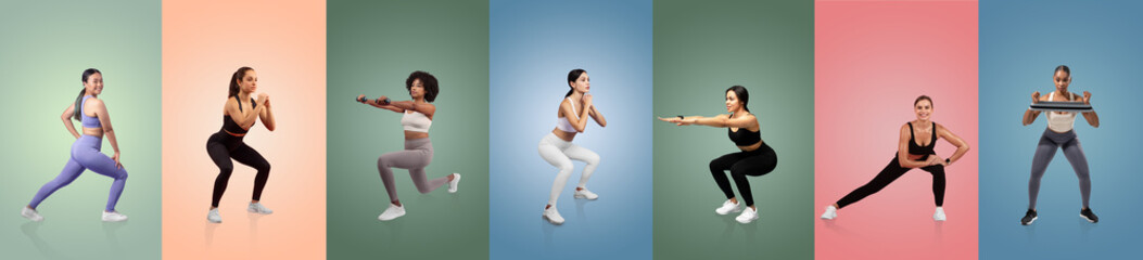 A group of women in activewear is engaged in various squat exercises against vibrant, colorful...