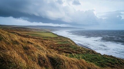 Dramatic coastal landscape with stormy clouds, windswept grasses, and turbulent ocean waves.