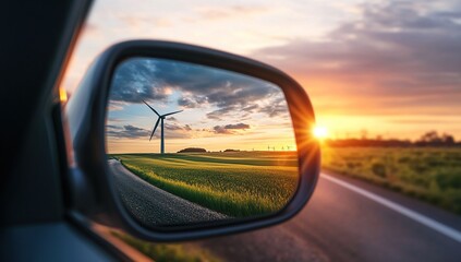 Fototapeta premium Sunset View from Car Mirror: Wind Turbine and Green Field