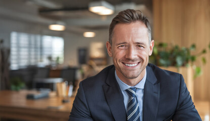 Fototapeta premium Young confident businessman in a modern office, smiling in a blue suit with a professional and charismatic appearance, plenty of copy space available