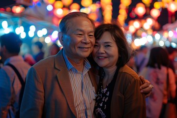Obraz premium Portrait of a tender asian couple in their 50s dressed in a stylish blazer while standing against vibrant festival crowd
