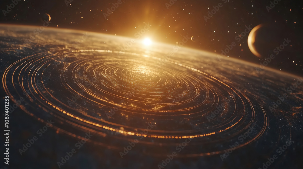 Poster A stunning view of the Earth at sunrise with swirling patterns of light and planets visible in the background from deep space. Generative AI