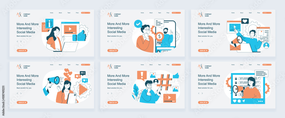 Fototapete social media concept of landing page with slide templates set in flat design. website headers with p