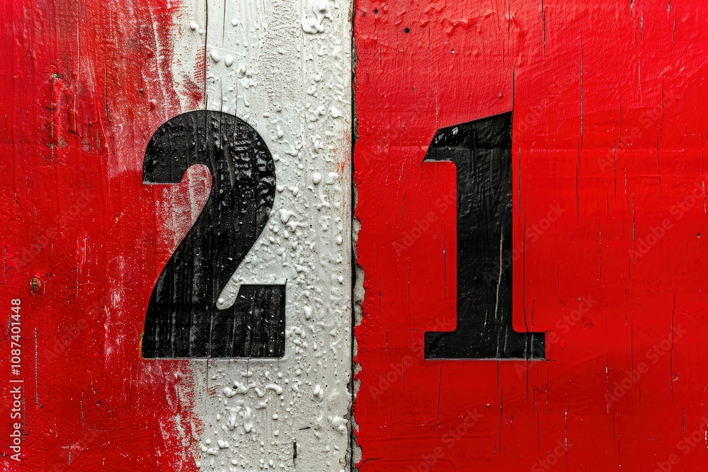 Poster a red and white sign with the numbers 21 and 1 on it