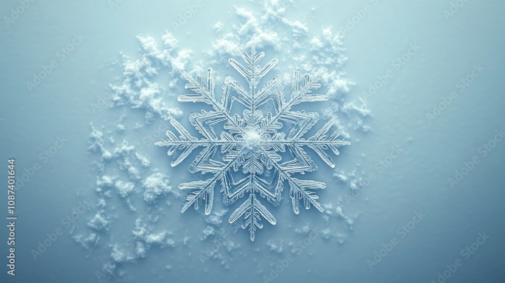 Poster a single crystal snowflake on a snowy background