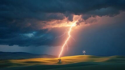 Obraz premium Thunderstorm above rolling hills, lightning illuminating distant windmill, 3D illustration