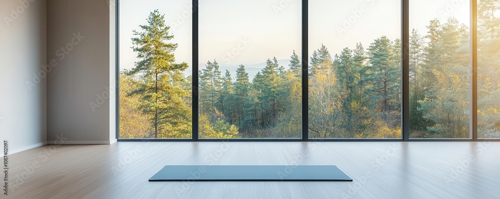 Poster natural relaxation and meditation refresh for mind. spacious yoga studio with large windows and a vi