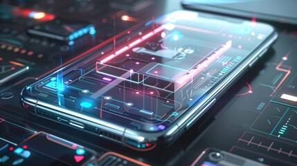 Futuristic digital technology background with holographic interface neon lights and abstract circuit patterns  Represents the concept of intelligence data information