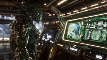 Obraz premium Alien Queen Commanding Invasion with Holographic Displays in Massive Ship - Ultrarealistic Sci-Fi Illustration with Power and Control