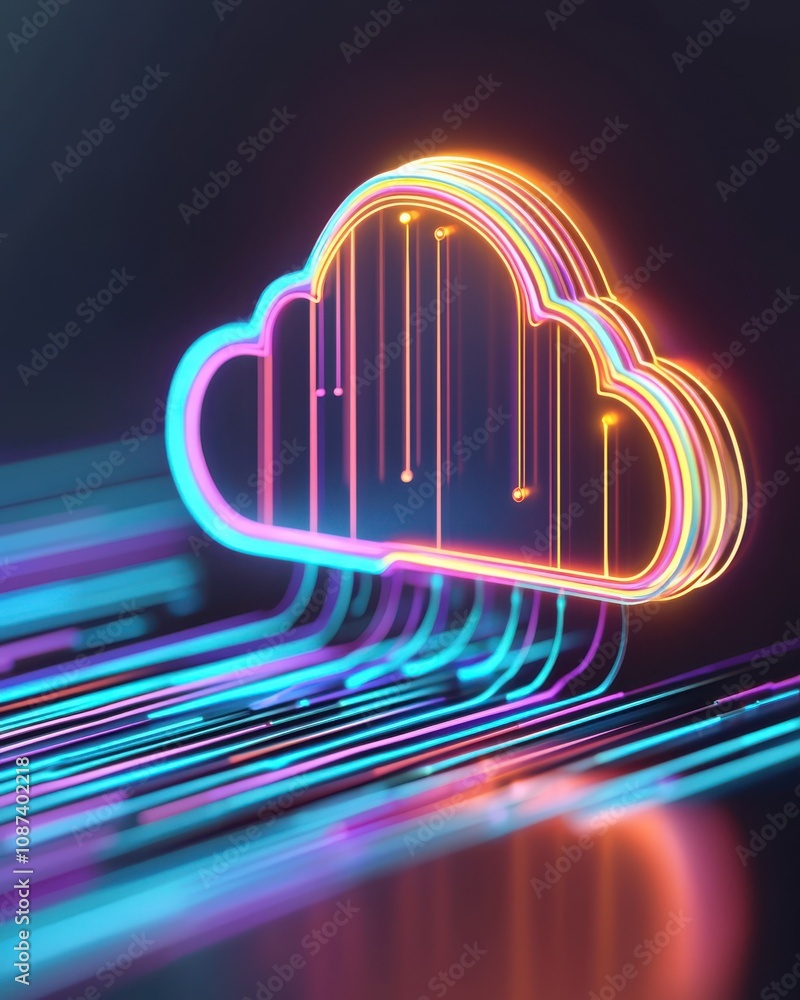 Poster a vibrant, neon cloud symbolizing digital storage with colorful data streams flowing beneath it.