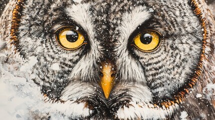 Obraz premium Close-Up of a Great Gray Owl with Piercing Yellow Eyes Amidst a Snowy Background Capturing the Majestic Presence of this Iconic Bird of Prey