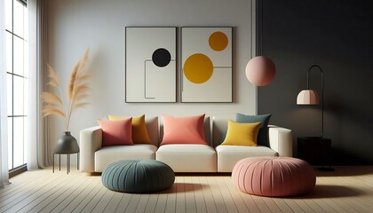 Modern Minimalist Living Room With Abstract Art and Pastel Accents. generator AI