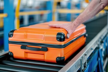 The airport conveyor belt system moves luggage efficiently. Orange suitcase on a conveyor belt