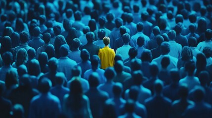Obraz premium A lone individual in a sea of blue, wearing a bright yellow jacket