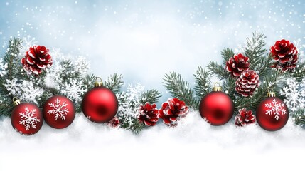 Festive Christmas Background Featuring Red Ornaments, Snowy Pine Cones, Evergreen Branches and Soft Snowflakes on a Winter Landscape