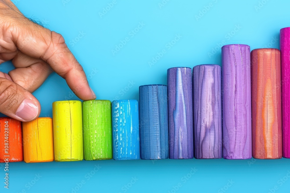 Poster a hand is pointing at a row of wooden blocks in a rainbow color