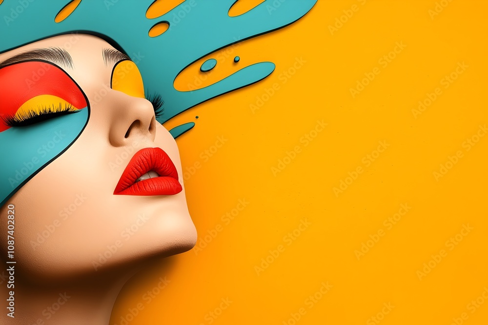 Poster captivating retro pop art woman with enigmatic expression and dynamic complementary palette composit