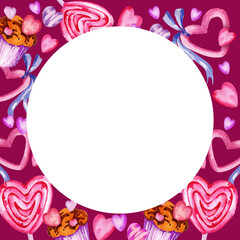 round white frame of valentine day with different hearts, candy, sweets, ribbons and muffins, watercolor hand draw illustration on purple background, pink and lilac color frame for party decoration