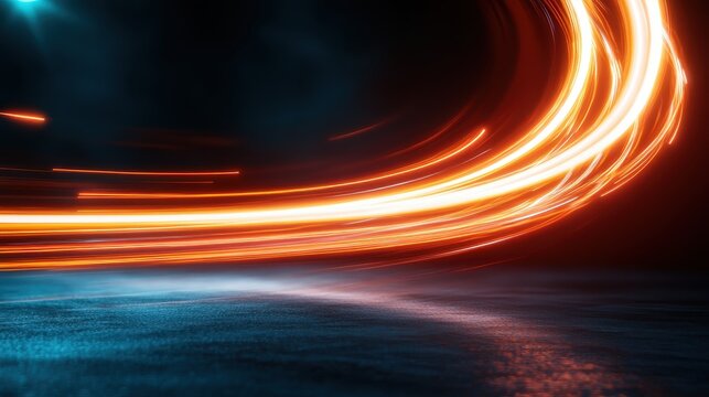 A visually striking image with orange light streaks spiraling across a blue textured ground, evoking a sense of continuous movement and progressive creativity.