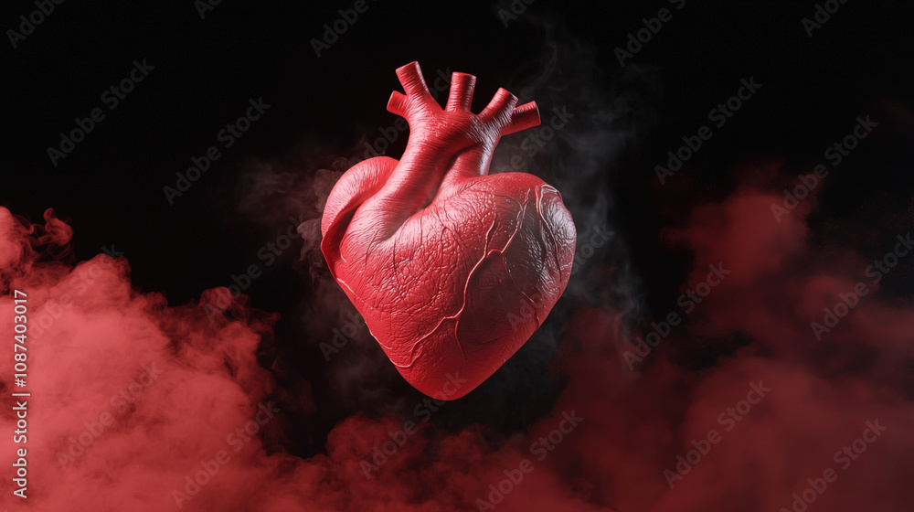 Poster 3D rendering of human heart floating in red smoke on black background, creating dramatic and captivating visual effect