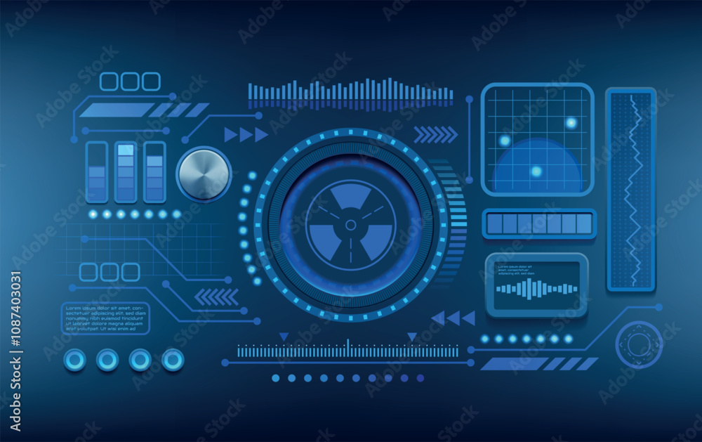 Poster abstract background. cyber dashboard. radar infographic. blue circle graphic. data round neon chart.