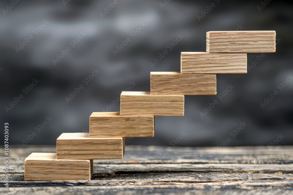 Poster a stack of wooden blocks with a step on top of the stack