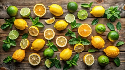 A vibrant arrangement of lemons, limes, and oranges, showcasing their citrusy goodness, with fresh green leaves scattered across a rustic wooden background.