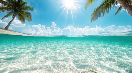 Fototapeta premium A picturesque ocean scene with palm trees swaying under a sunny sky, showcasing natural beauty and providing a sense of tropical relaxation and serene escape.