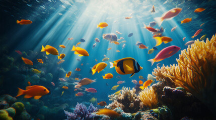 Naklejka premium Underwater Paradise Showcasing Coral and Tropical Fish Diversity.