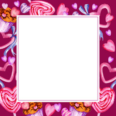 white square frame for valentine day with different hearts, candy, sweets, ribbons and muffins, watercolor hand draw illustration on purple background, pink and lilac color frame for party decoration