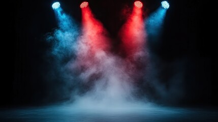 An empty stage illuminated with vibrant red and blue lights creates a dramatic ambiance, with swirling smoke adding depth and mystery to the scene.