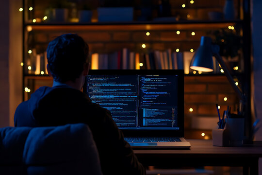 Dedicated programmer engaging in software development with java script code on laptop screen