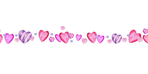 seamless border with heart to Valentine day, watercolor hand draw illustration of pink and lilac different hearts, color board for Valentine party decoration, cards, invitation