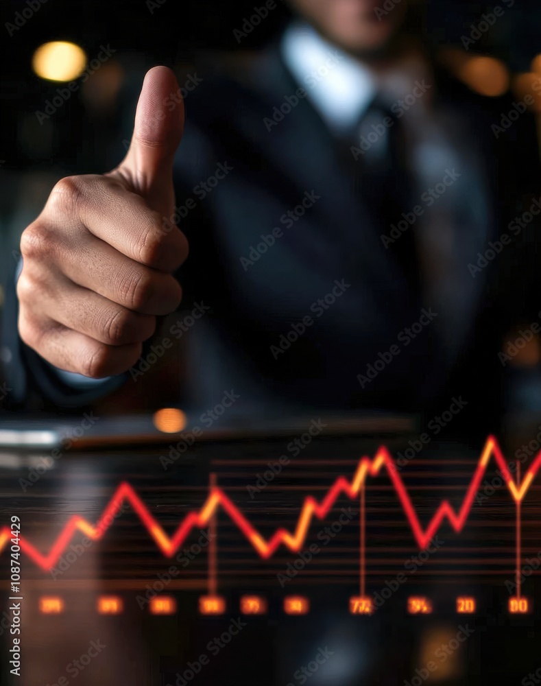 Poster Wealth and investment concepts. Businessman giving a thumbs up with a financial graph background indicating success.