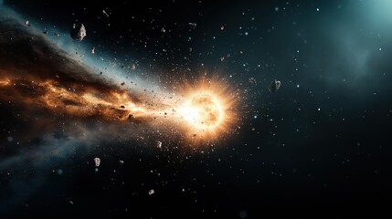 Obraz premium A celestial body races through space with a fiery tail of energy trailing behind. The scene is filled with cosmic debris and stars, emphasizing movement and speed.