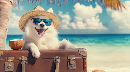 Happy dog enjoys vacation vibes on the beach tropical location animal photography sunny environment playful concept