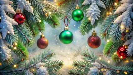 Festive Evergreen Branches Adorned with Sparkling Baubles and Twinkling Lights, Creating a Winter Wonderland Scene