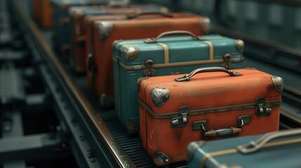 Fototapeta premium The airport conveyor belt system moves luggage efficiently. Vintage suitcases on a conveyor belt
