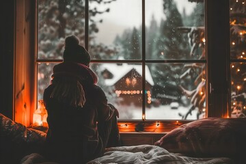 Fototapeta premium A woman is sitting in bed by a window, looking out at the snow
